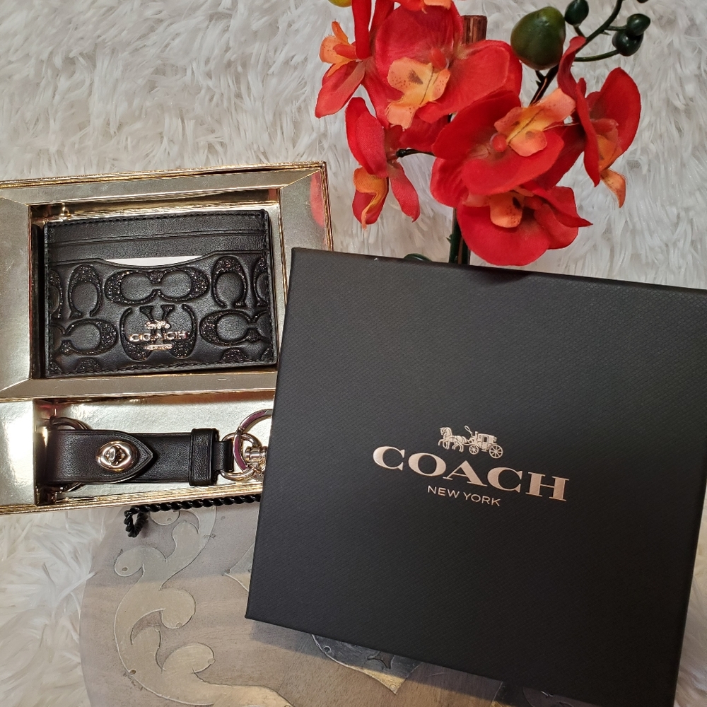 Coach Signature Glitter Card Case and Valet Keychain Set